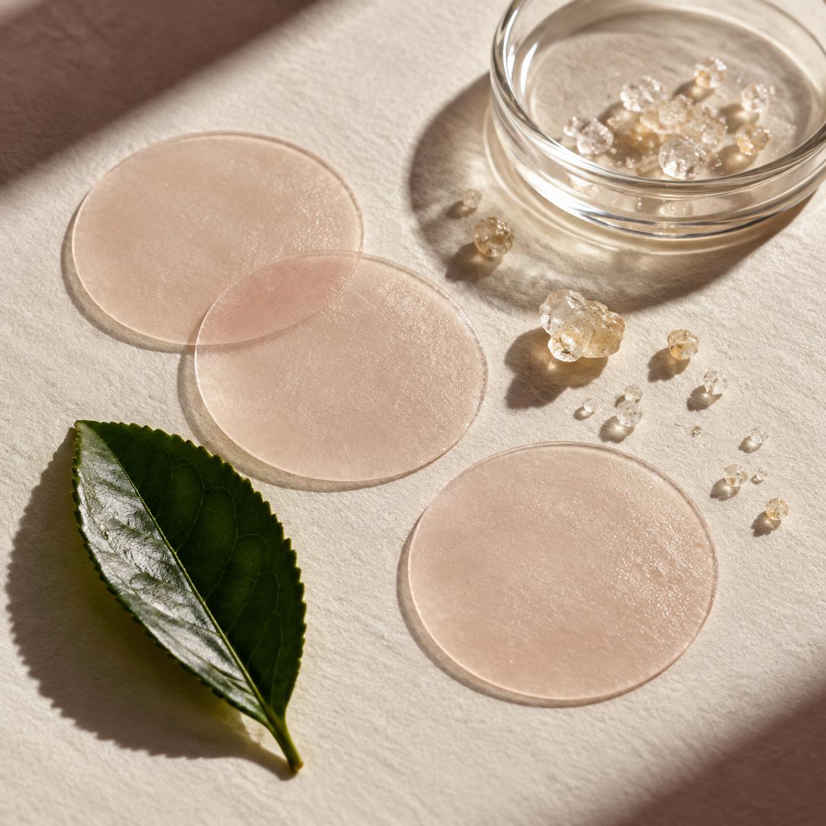 Translucent wellness patches, crystals, and a green leaf in soft daylight